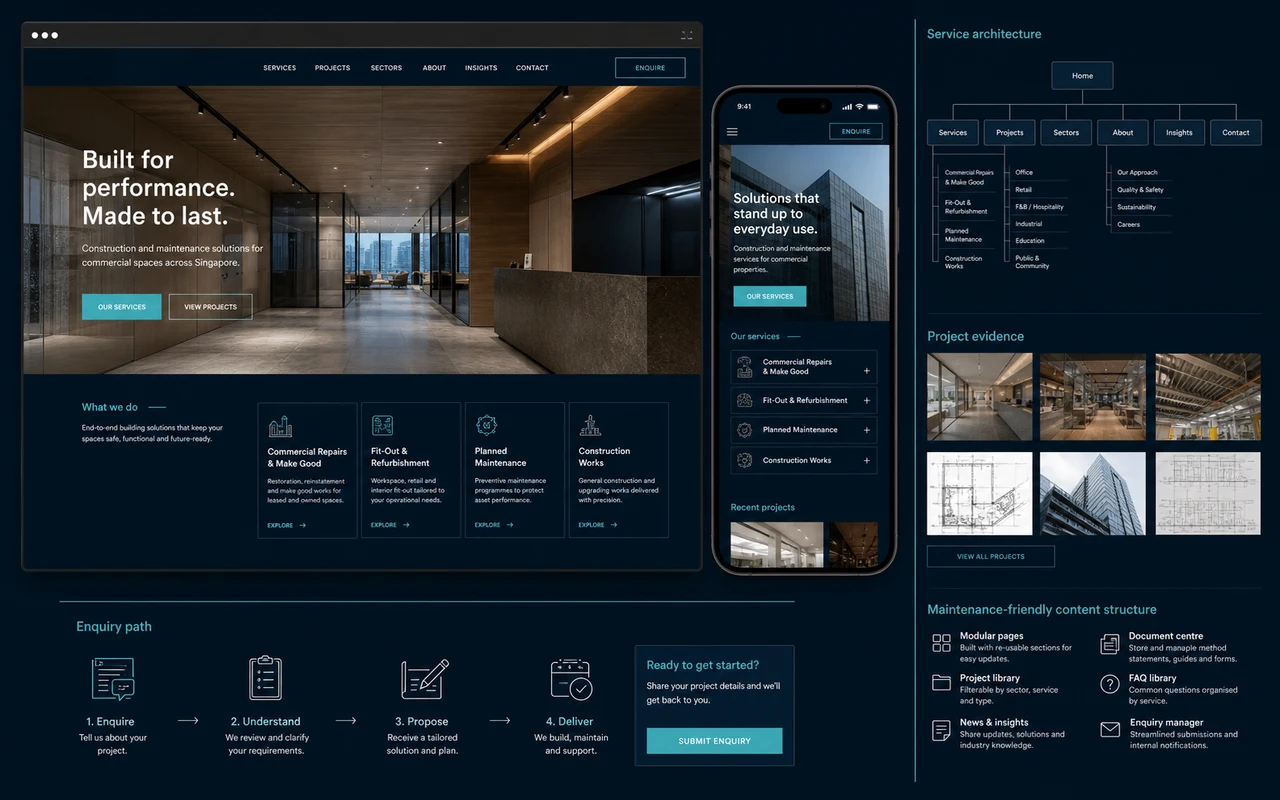 Responsive construction services website and project evidence library