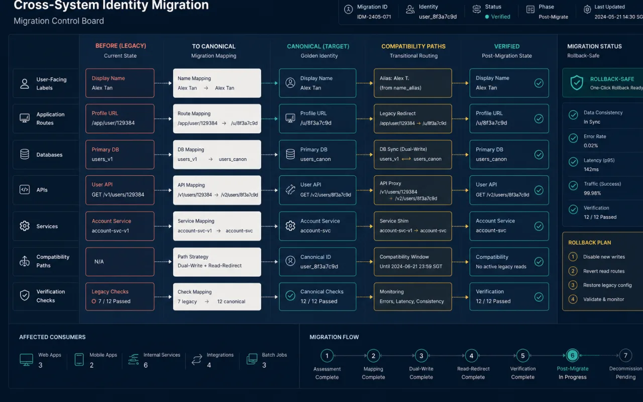 Controlled production identity migration with continuity and rollback